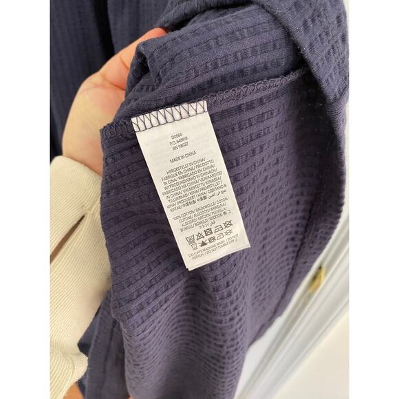 BODEN Navy Blue Jersey Seersucker Puff Sleeve V-Neck Cotton Midi Dress - Picture 11 of 11